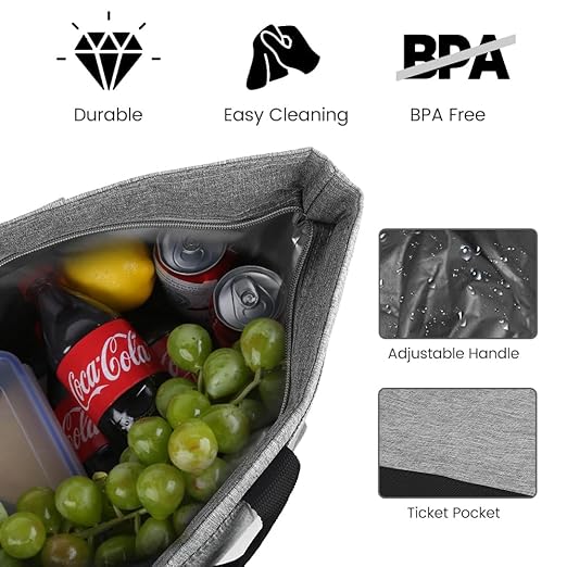 Insulated Cooler Bag, 1PK Insulate Tote Bag for Grocery Shopping, Cooler Bags Insulated for Travel/Picnic, Pizza/Food Delivery Bag to Keep Food Cold/Hot (Cationic Cloth, Non-Waterproof, Grey)