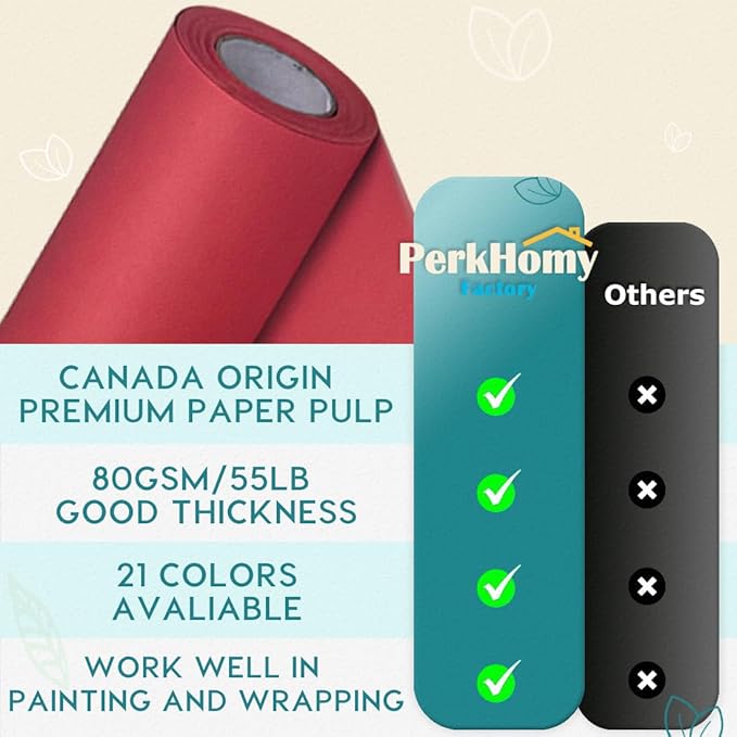 PerkHomy 17.8" x 1,440" (120') Red Kraft Paper Roll for Craft Bulletin Board Paper Art Table Covering Crafting Gift Wrapping Bouquet Packing Parcel 80GSM 55LB (Red, 17.8" x 120')