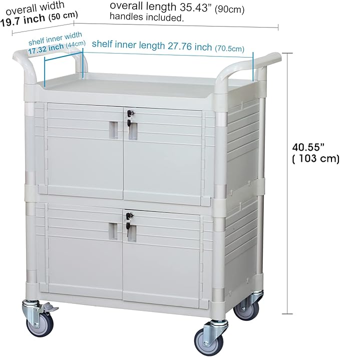 JaboEquip Large Lockable Medical Cart 3 Shelf Hospital Cart Overall Size L34.43xD19.69 inch, JBG-3D2, 606 lbs Load Cap. Off-White (Light Grey) Color