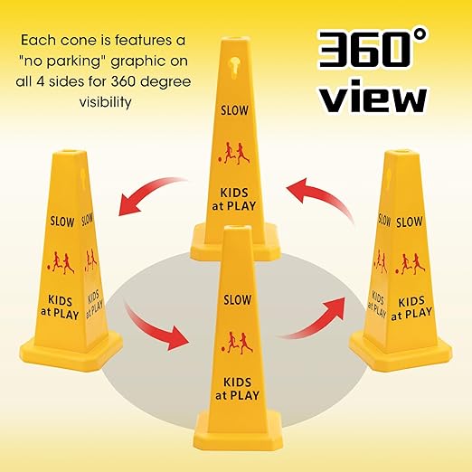 10 Pack Slow Down Kids at Play Cones 26.38 Inch Slow Kid at Play Safety Signs for Street Four Side Visibility Floor Standing Yellow Traffic Cone for Lawn, School, Yard, Gymnasium, Playground