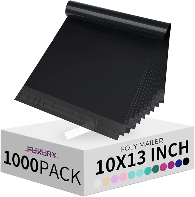 Fuxury 1000 Pack 10x13" Black Poly Mailers Bulk,Waterproof Mailing Envelopes for Clothing,Strong Adhesive Self Seal Poly Shipping Bags for Postage Return Books Small Business