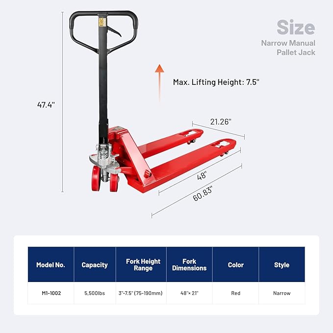 NORTHSKY Narrow Manual Pallet Jack, 48" x 21", 5500lb Capacity