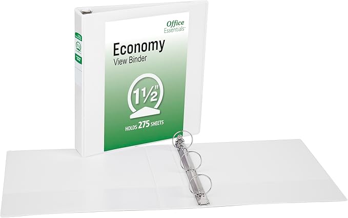 Office Essentials Economy View 3 Ring Binders, 1.5" Round Rings, 2.1" Spine, 275-Sheet Capacity, White Binders, Ideal for Occasional Use and Light Referencing (4-Pack of 03128)