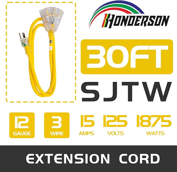 3-Outlets Indoor Outdoor Extension Cord Weatherproof with Lighted End, UL Listed, 12 Gauge 30FT Yellow 3 Prong Heavy Duty, 12/3 SJTW 15A Extension Cord