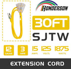 3-Outlets Indoor Outdoor Extension Cord Weatherproof with Lighted End, UL Listed, 12 Gauge 30FT Yellow 3 Prong Heavy Duty, 12/3 SJTW 15A Extension Cord