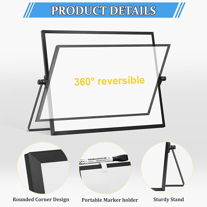 Dry Erase Magnetic White Board, 16" x 12" Black Framed Double-Sided Desktop Whiteboard with Stand, Portable Small Whiteboard Set for Drawing, Office, Home, School
