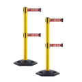 CCW Series WBB-200D - Set of 2 Retractable Dual Belt Stanchion Safety Barrier, Heavy-Duty Rubber Base Yellow Post (11 Foot Belt, Red with"Please Wait Here" White Letters Belt)