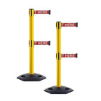 CCW Series WBB-200D - Set of 2 Retractable Dual Belt Stanchion Safety Barrier, Heavy-Duty Rubber Base Yellow Post (7.5 Foot Belt, Red with"Please Wait Here" White Letters Belt)
