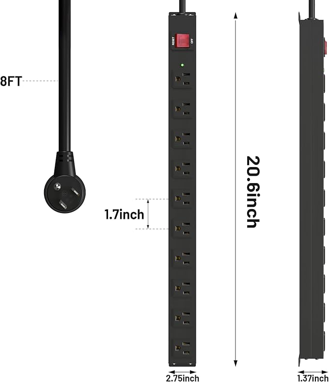 KF 10 Outlet Heavy Duty Power Strip with Surge Protector 2100J,15A/1875W Wall Mount Design, 8FT Extension Cord & Safety Switch for Home Office, Workshop, Gaming Setup, Studio - Black