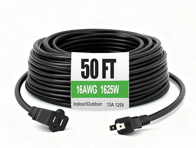 Extension Cord 50 Ft-2 Prong Outdoor Extension Cord,16AWG 13A 1625W Waterproof Extension Cable for Garden, Lawn, Outdoor Power Tools（Black）