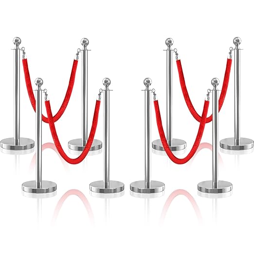 8Pcs Sliver Stanchion Post Queue Velvet Ropes and Posts with Soild Base and 4pcs 5 Ft Red Velvet Ropes Carpet Ropes Posts Stanchion Set Crowd Control Barriers for Party Supplies