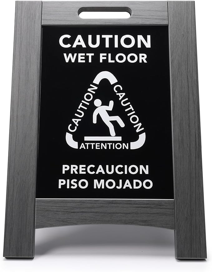 Premium Outdoor Composite Caution Wet Floor Sign – Bilingual w/Non-Skid Plastic Feet, Black Plate – For Hotels, Schools, Offices, Areas, Restrooms, Pool Decks & Shops, Grey