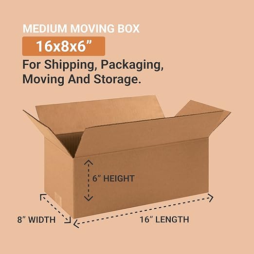 AVIDITI Shipping Boxes Flat 16"L x 8"W x 6"H, 25-Pack | Corrugated Cardboard Box for Packing, Moving and Storage