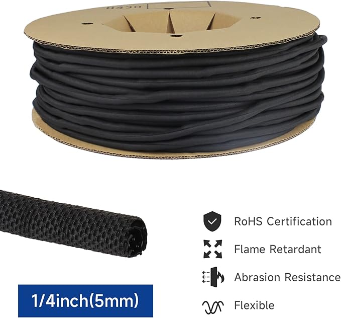 Black Braided Cable Management Sleeves Wire Loom Tubing Cord Protector Self-Wrapping (1/4"-42Feet)