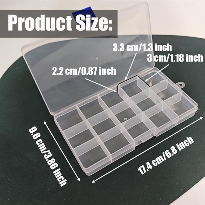 4 Pcs 15 Grids Clear Organizer Box Plastic Storage Container with Fixed Dividers Blue Buckle for Electronics Jewelry Beads Art DIY Crafts Small Parts Non-Adjustable Dividers