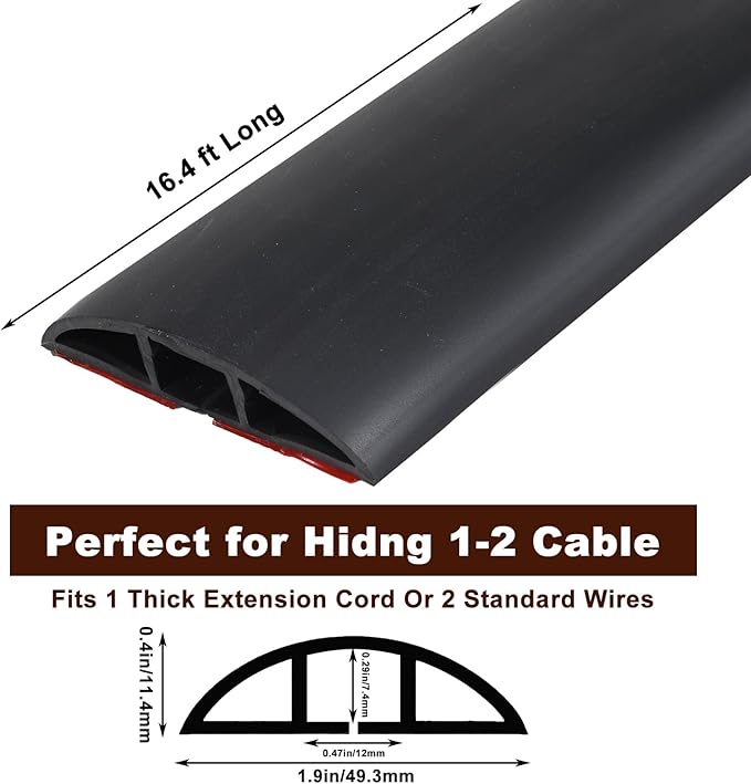 16.4 FT Floor Cord Cover, Self Adhesive Cord Hider, Hide Electric Wire on Carpet, Power Cable Protector, Cord-Runner Protective 0.47" (W) x 0.29" (H), Black
