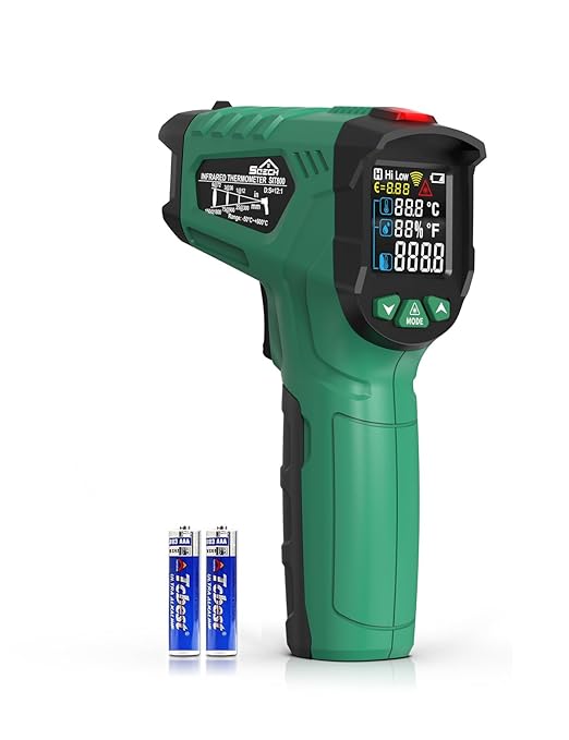 Infrared Thermometer Gun,SQECH Laser Thermometer Gun -58℉～1472℉(-50℃～800℃),Temperature Gun with Ambient Temperature/Humidity/Adjustable Emissivity/Color Backlight for Cooking, Oven,Engine,HVAC