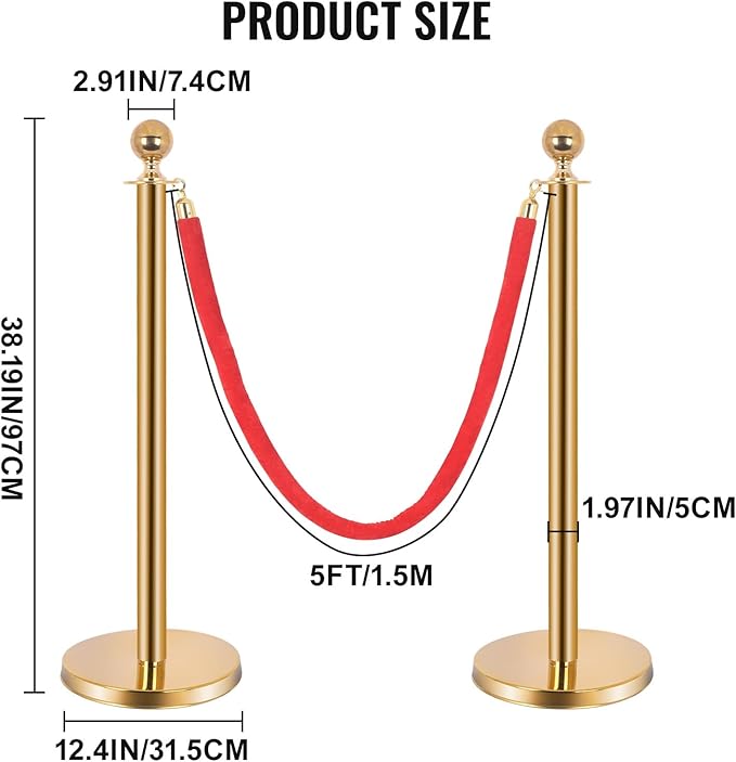 8PCS Stainless Steel Stanchions Post w/ 6 Red Velvet 5ft Carpet Ropes - Hollow Base for Red Carpet Queue - Crowd Control Barriers Ideal for Party, Wedding, Hotels, Exhibitions - Gold