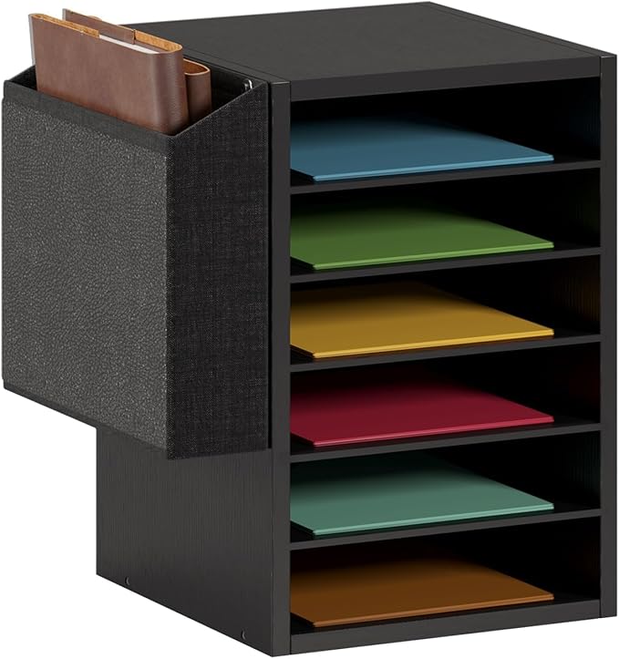 Literature Organization Paper Storage Slot, Office Desk File Organizer, Desktop Wood Mailbox For Teacher Classroom, 6 Tier Adjustable Countertop Mail Sorter, Mailboxes With Name Slots, Black