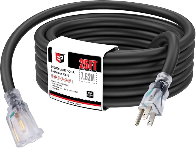 EP 25 Ft Lighted Outdoor Extension Cord - 10/3 SJTW Heavy Duty Black Extension Cable with 3 Prong Grounded Plug for Safety, UL Listed