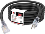 EP 25 Ft Lighted Outdoor Extension Cord - 10/3 SJTW Heavy Duty Black Extension Cable with 3 Prong Grounded Plug for Safety, UL Listed