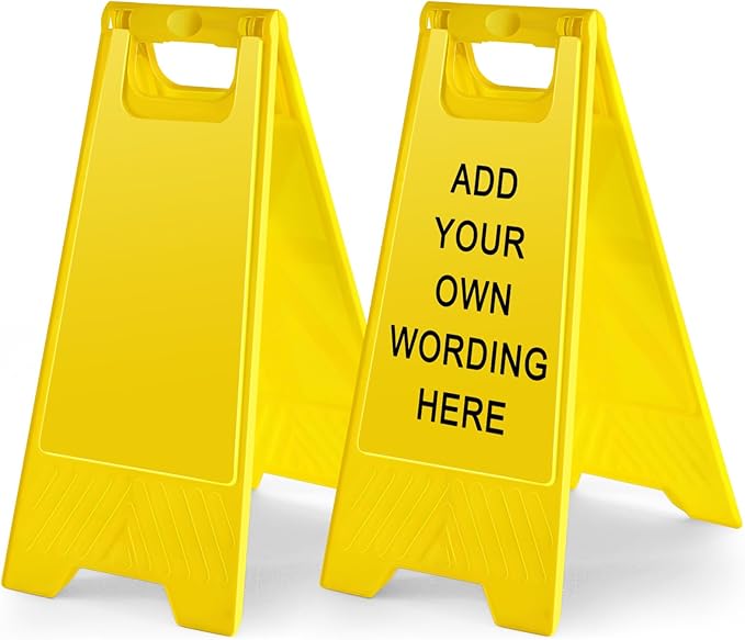 2 Pack 24 Inch Blank Floor Sign Yellow A-frame Foldable Caution Sign Stick/Write-On Double Sided Safety Warning for Pool Restaurant Restroom Office