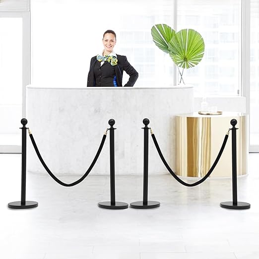 Crowd Control Stanchion Set, 4 Packs Stanchion Set with 4.92 ft/1.5 m Black Retractable Belt and 2 Ropes, Black Crowd Control Barrier for Theaters, Parties, Wedding, Exhibition