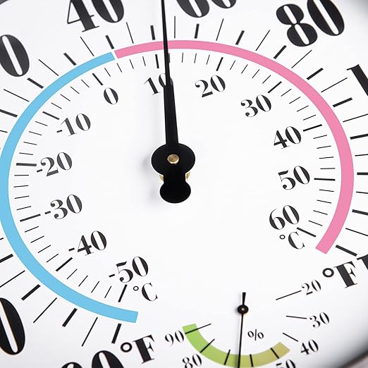 12'' Indoor Outdoor Thermometer Hygrometer - Premium Steel Outdoor Thermometer Large Numbers, Hanging Wall Thermometer Hygrometer for Home, Garden, Patio (No Battery Required)