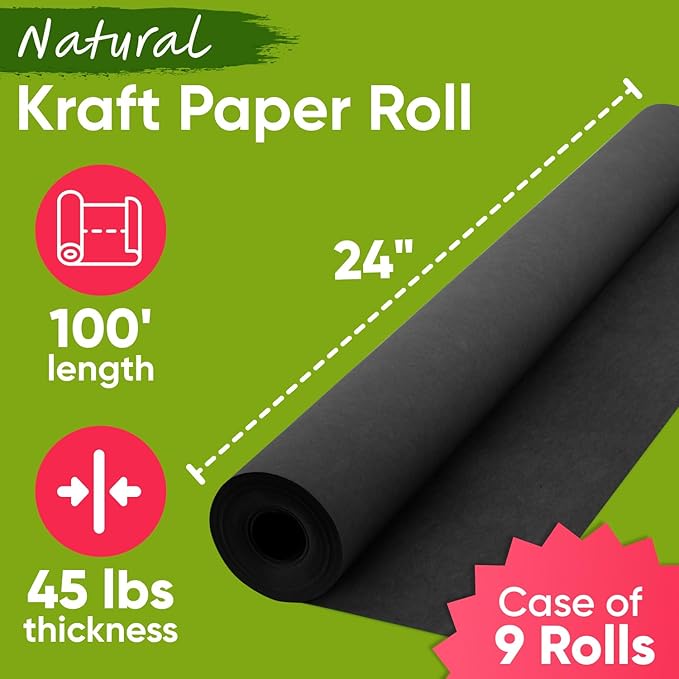 24" x 1200" (100 ft) Black Kraft Paper (Case of 9 Rolls), 45 lbs Thickness, Made in USA Kraft Paper for School, Art Colored Paper, Gift Wrapping Paper, Packing Paper for Moving