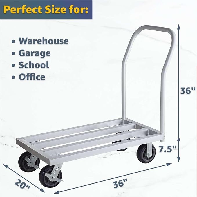20" x 36" Mobile Aluminum NSF Dunnage Rack - 1600 lb. Capacity with Handle, Heavy-Duty Storage Cart with 6" Casters, Food-Grade Platform Truck for Restaurants, Kitchens, Warehouses