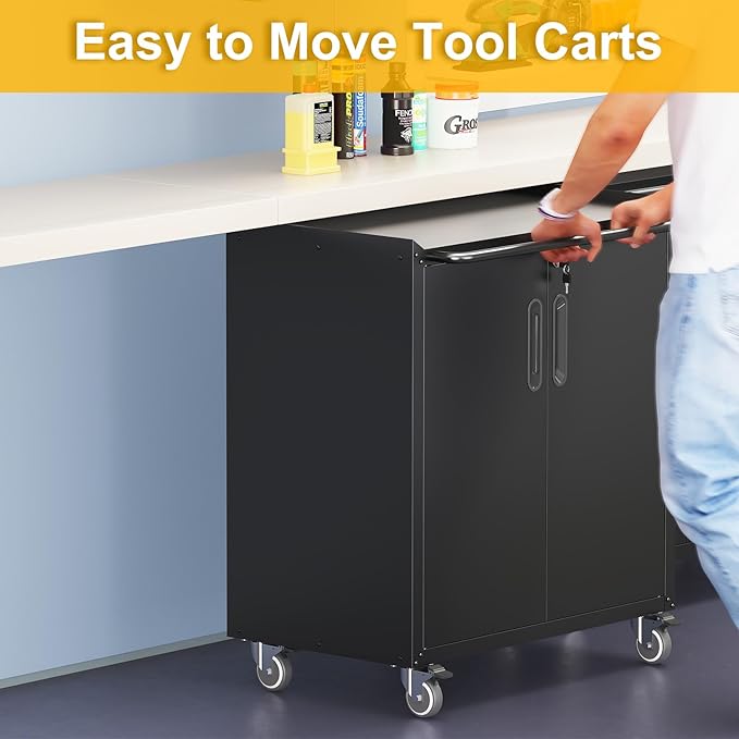 Metal Storage Cabinet with Wheels, Lockable Rolling Tool Chest with Adjustable Shelf & Handle & 2-Doors, Mobile Steel Locker for Garage, Home, Office, Warehouse, Assembly Required, Black