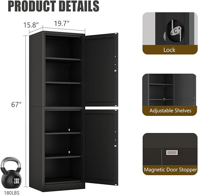 2 Door Metal Locker Cabinet, 19.7’’W Narrow Vertical Steel Storage Cabinet with Locking Door and 4 Adjustable Shelves, Garage Tool File Cabinets for Office, Kitchen, Bathroom, Black
