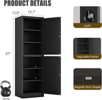 2 Door Metal Locker Cabinet, 19.7’’W Narrow Vertical Steel Storage Cabinet with Locking Door and 4 Adjustable Shelves, Garage Tool File Cabinets for Office, Kitchen, Bathroom, Black