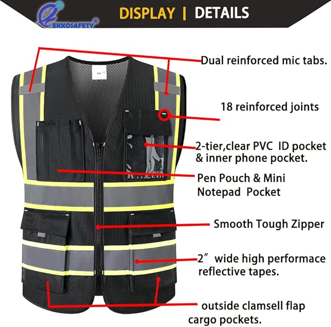 9 Pockes Black Reflecive Safety Vest for Men with Double Stitching Knots around All Pockets and Zipper High Visibility Mesh Construction Work Vest,Meets ANSI/ISEA Standards(EK176-Black-XL)