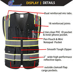 9 Pockes Black Reflecive Safety Vest for Men with Double Stitching Knots around All Pockets and Zipper High Visibility Mesh Construction Work Vest,Meets ANSI/ISEA Standards(EK176-Black-L)