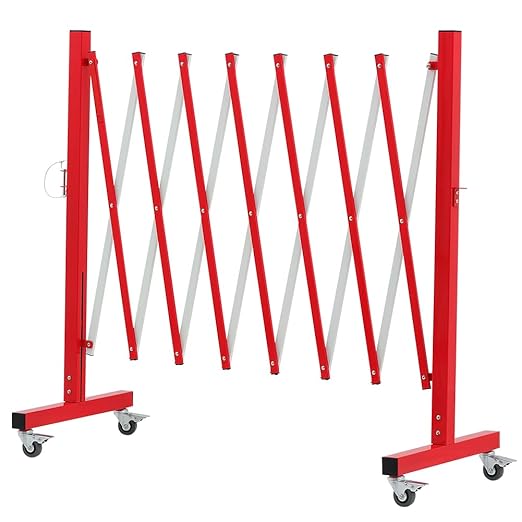 GYMTIME Easily Assembled Expandable Metal Barricade, 11 Feet, Red and White, Portable Safety Barrier with Casters, Flexible Fence Mobile Barrier Gate, Adjustable Traffic Fence