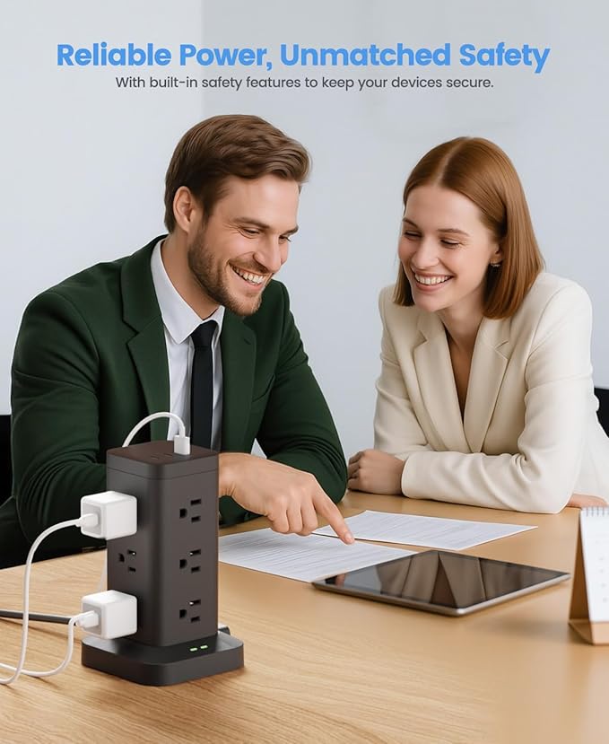 15-in-1 Power Strip Tower with Surge Protector 1800J, Fast Charging Tower PD20W USB-C Ports with 12 AC Outlets, 15ft Extension Cord for Home Office Dorm Room, Black