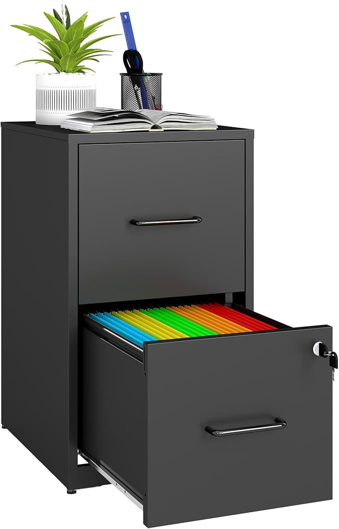 2 Drawer File Cabinet with Lock, Vertical Filing Cabinets for Home Office, Metal Storage Cabinet, Heavy Duty File Cabinet for Under Desk, Amssebly Required, Black