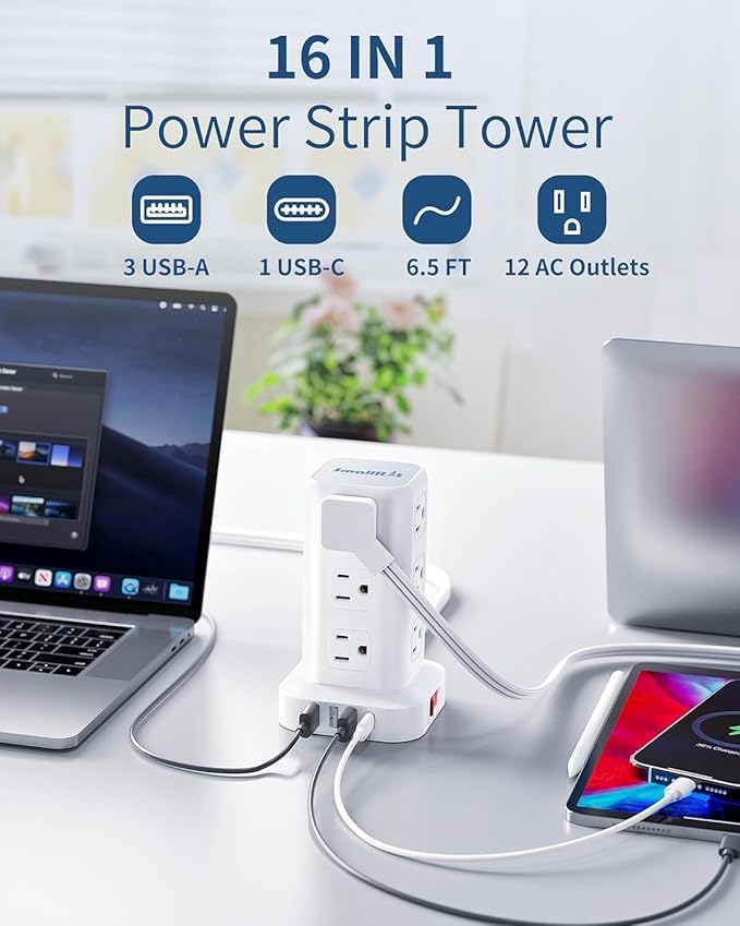 Power Strip Tower, 16.5 Ft Flat Plug Extension Cord, 16 in 1 Power Bars with Surge Protector, Power Tower Bar with 12 AC Multiple Outlets 4 USB (1 USB C)