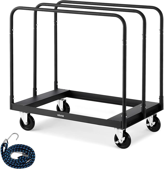 VEVOR Drywall Cart Dolly, 1800 lbs Load Capacity, Steel Panel Truck Cart with 5 inch Swivel Casters, Lumber Drywall Dolly with with Tie-Down Strap & 3 Side Handrails for Factory, Warehouse, Black