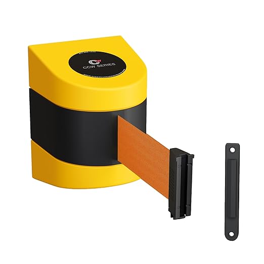 Crowd Control Warehouse - CCW Series WMB-220 Fixed Wall Mount Retractable Belt Barrier - 15 Foot, Orange Belt with Yellow ABS Case