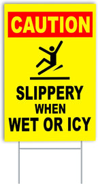 Caution Slippery When Wet or Icy Sign, 8x12 DS Coroplast Warning Caution Wet Floor Sign with H-Type Stake
