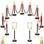 Blulu 8 Sets Stainless Steel Stanchion Set 8 Crowd Control Poles 7 Velvet Ropes and 2 A4 Sign Holders Carpet Ropes and Hollow Base Poles Easy Assembly Safety Barrier for Event Party(Black Gold)