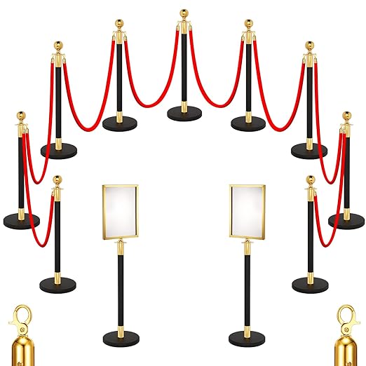 Blulu 8 Sets Stainless Steel Stanchion Set 8 Crowd Control Poles 7 Velvet Ropes and 2 A4 Sign Holders Carpet Ropes and Hollow Base Poles Easy Assembly Safety Barrier for Event Party(Black Gold)