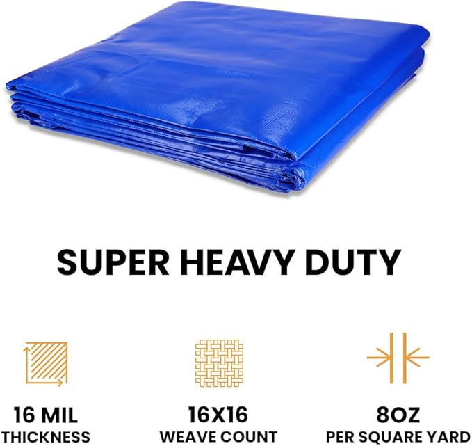 WHITEDUCK 20' x 30' Super Heavy Duty Poly Tarp Thick 16 Mil, Waterproof 100% UV Resistant Rip/Tear Proof Tarp w/Rustproof Grommets & Reinforced Edges (Blue,16 mil Finished Size: 19'6"x29'6")