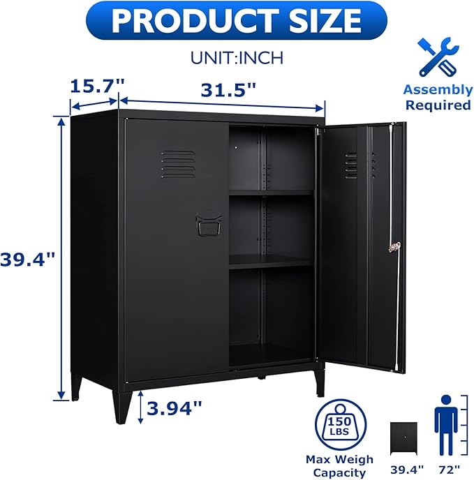Metal Storage Cabinet with Lock, Locking Cabinets with 2 Doors and Shelves, Lockable Steel Locker Cupboard, Small Sideboard Buffet Cabinet for Home Office