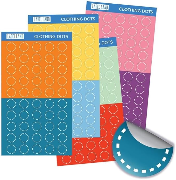 Clothing Labels, Color Coded Dots, Stick-On Dots, 200pcs, 8 Colors, 25 of Each Color for Clothes & Laundry Organization, Round Stickers, for Kids, Washer & Dryer Safe