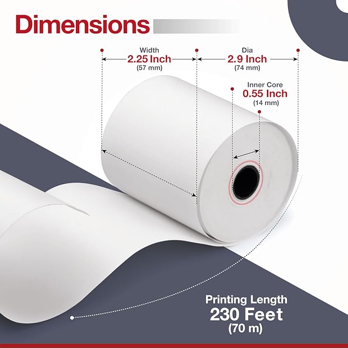 100 Rolls - 2 1/4" x 230' Thermal Paper Receipt Rolls - BPA Free - 55 GSM - Receipt Printer Paper for Cash Register, Citizen, Casio and Epson, Fits All POS Cash Registers