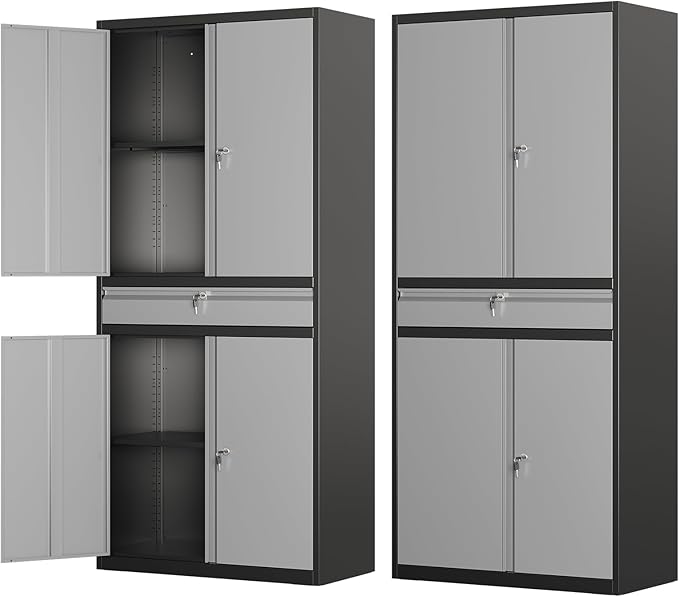 Metal Storage Cabinet with with Drawer, Garage Storage Cabinet with Locking Doors and Adjustable Shelves for Garage, Home Office,Warehouse