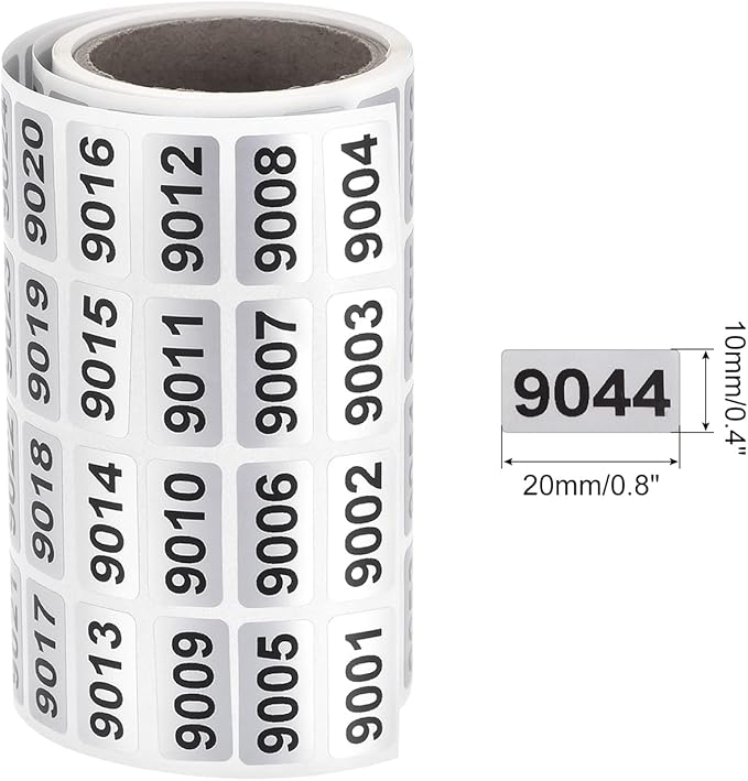 MECCANIXITY Black Number Stickers 9001-9999, Paper, Roll, Single Use, Outdoor, Indoor, Waterproof, 20x10mm, 1 Roll x 1000 Stickers